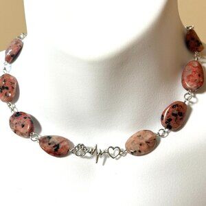 Genuine Black Pink Rhodonite Short Necklace, Gemstone & Paw Print Heart Beat